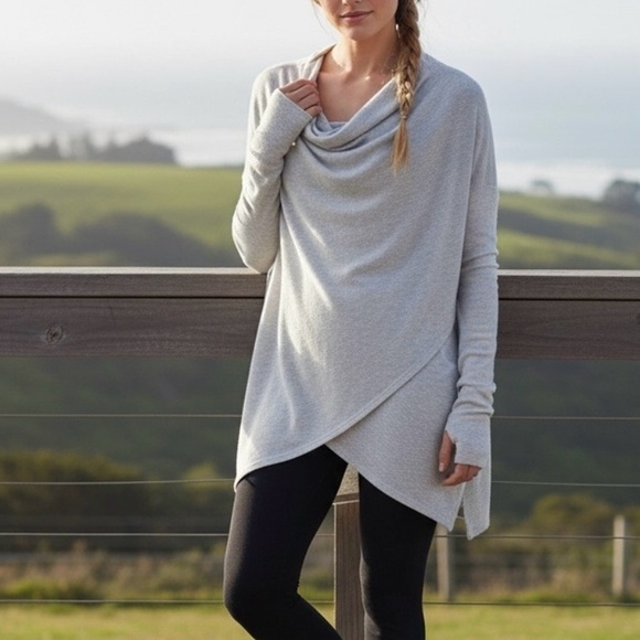 Athleta Sweaters - Athleta Purana Wrap Super Soft Heather Gray Cowl Neck Hooded Sweater